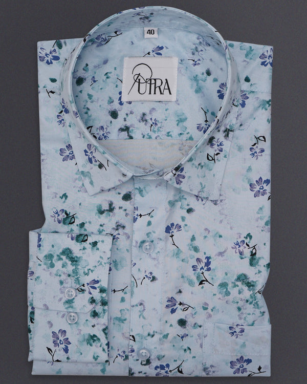 Blue White Patterned Dress Shirt Men Premium Floral-Printed 100% Cotton  Shirt Putra