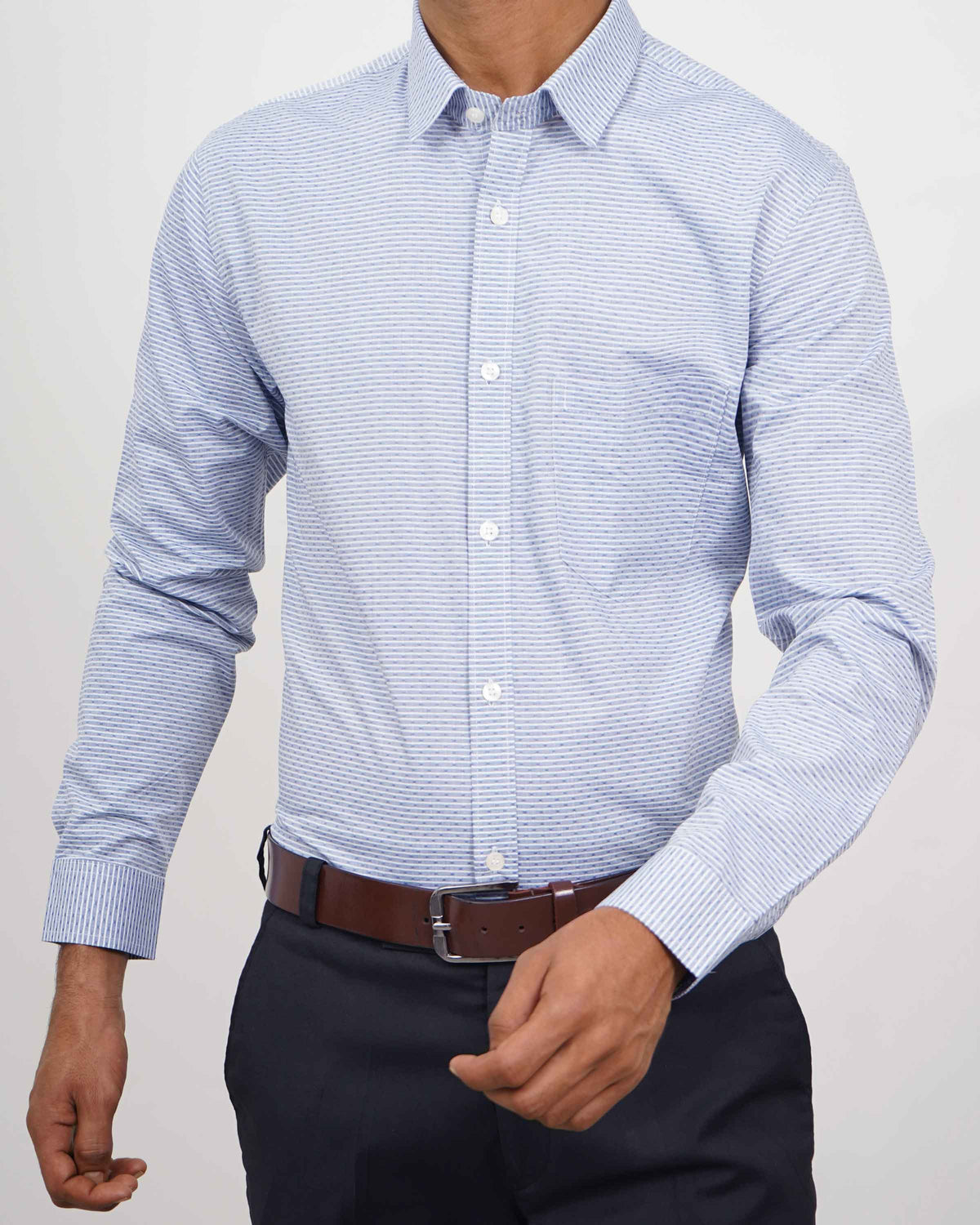 Men Blue And White linings Self Printed Casual Shirt