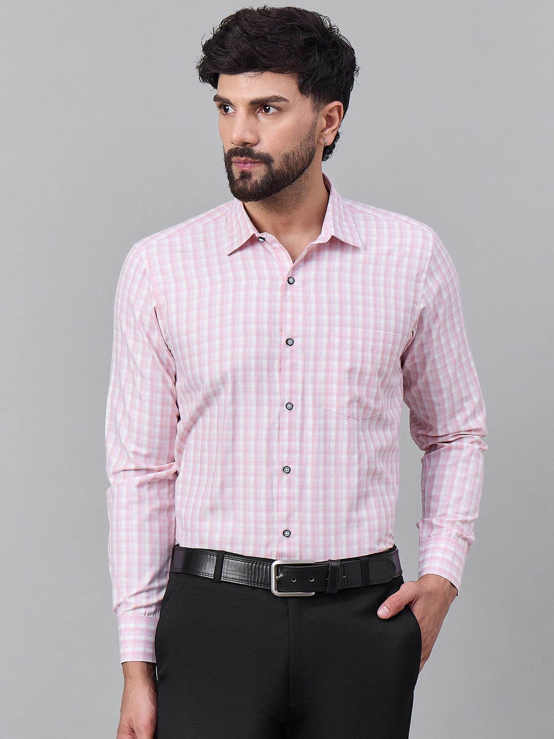 Men Light Pink Micro-Checkered Cotton Shirt