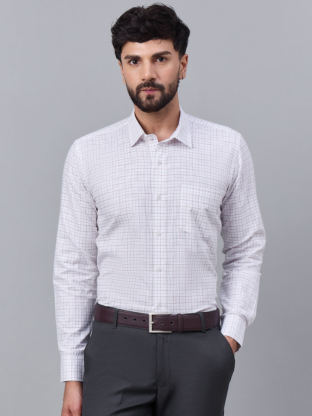 Men Elegant White Slub Cotton Shirt with Subtle Rust Checks