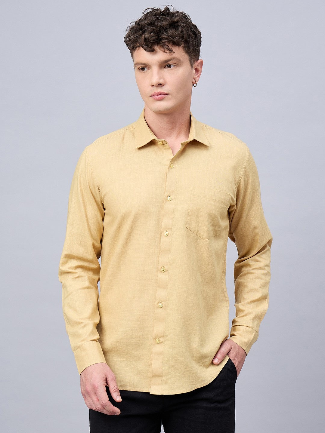 Men Mustard Beige Slub Cotton Shirt