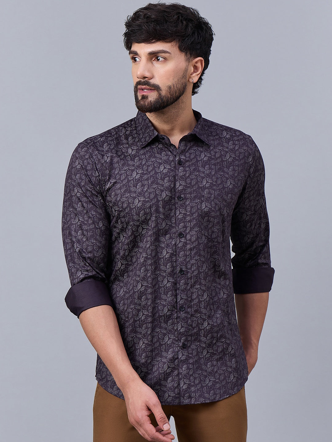 Men Deep Plum And Silver Leaf Pattern satin Shirt