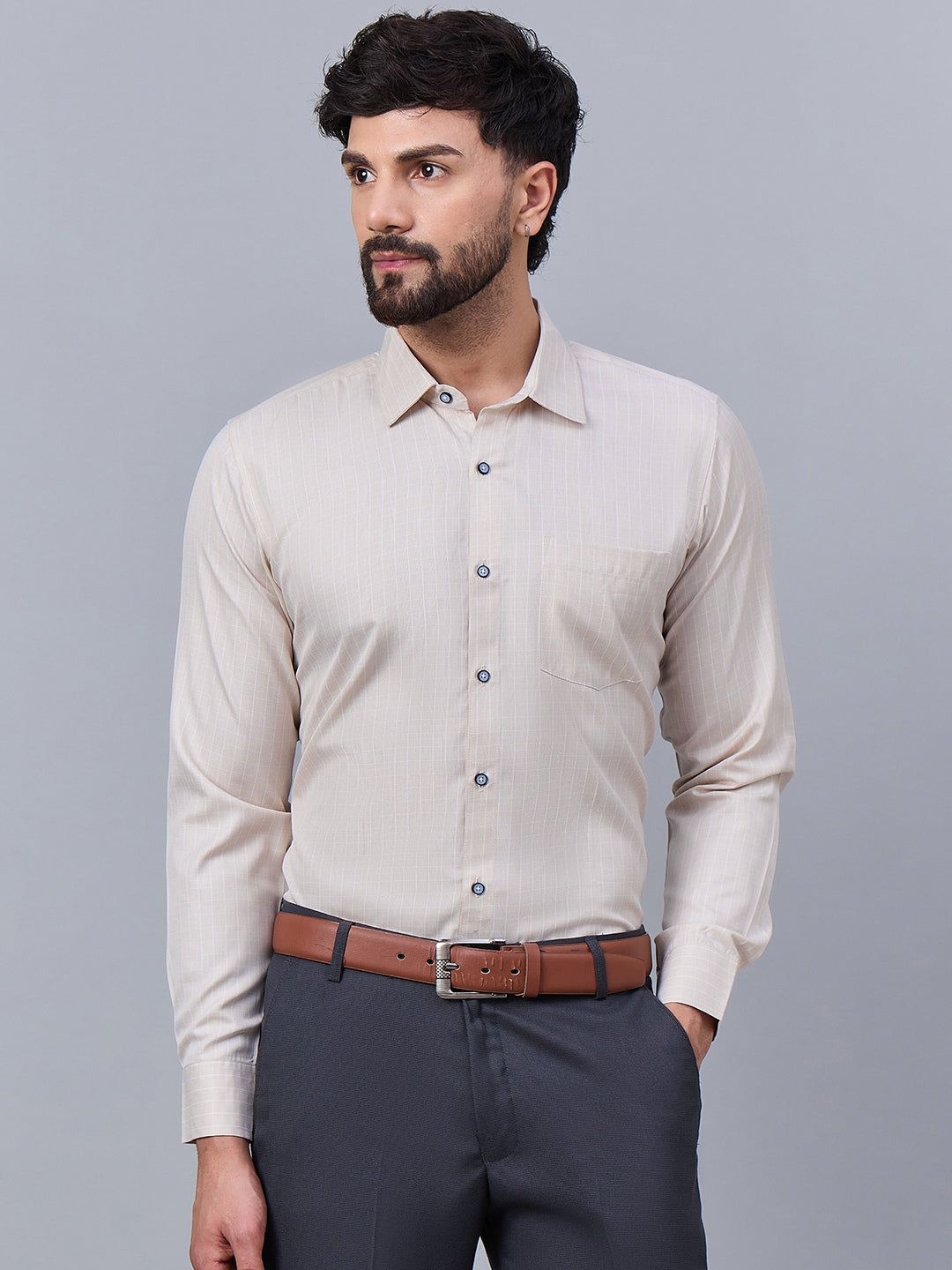 Men Beige Fine Checkered Cotton Shirt
