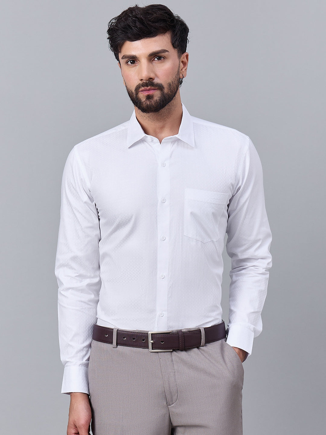 Men Premium White Satin Subtle Geometric Self-Design Shirt
