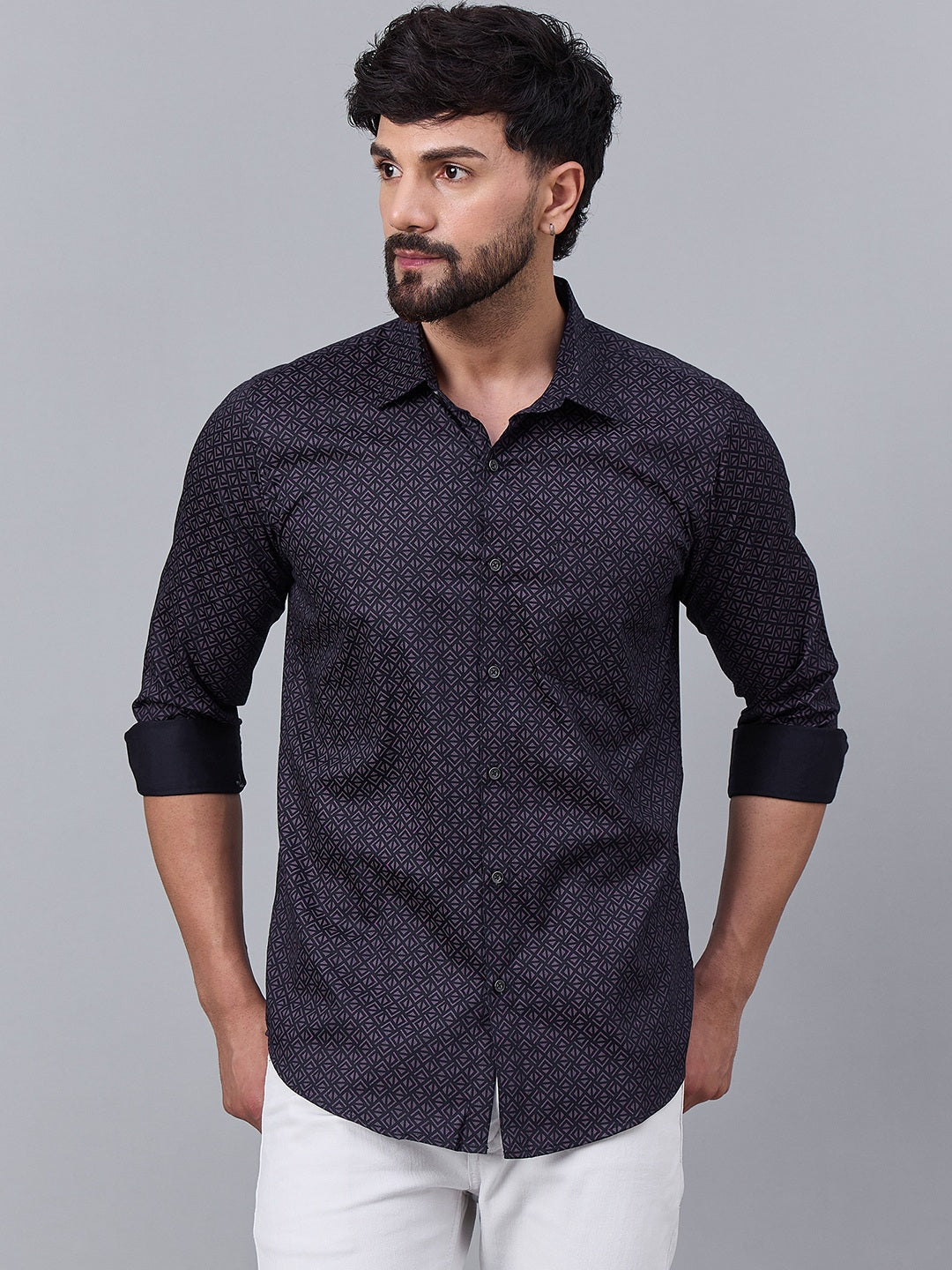 Men Charcoal Black and Mauve Geometric Print shirt