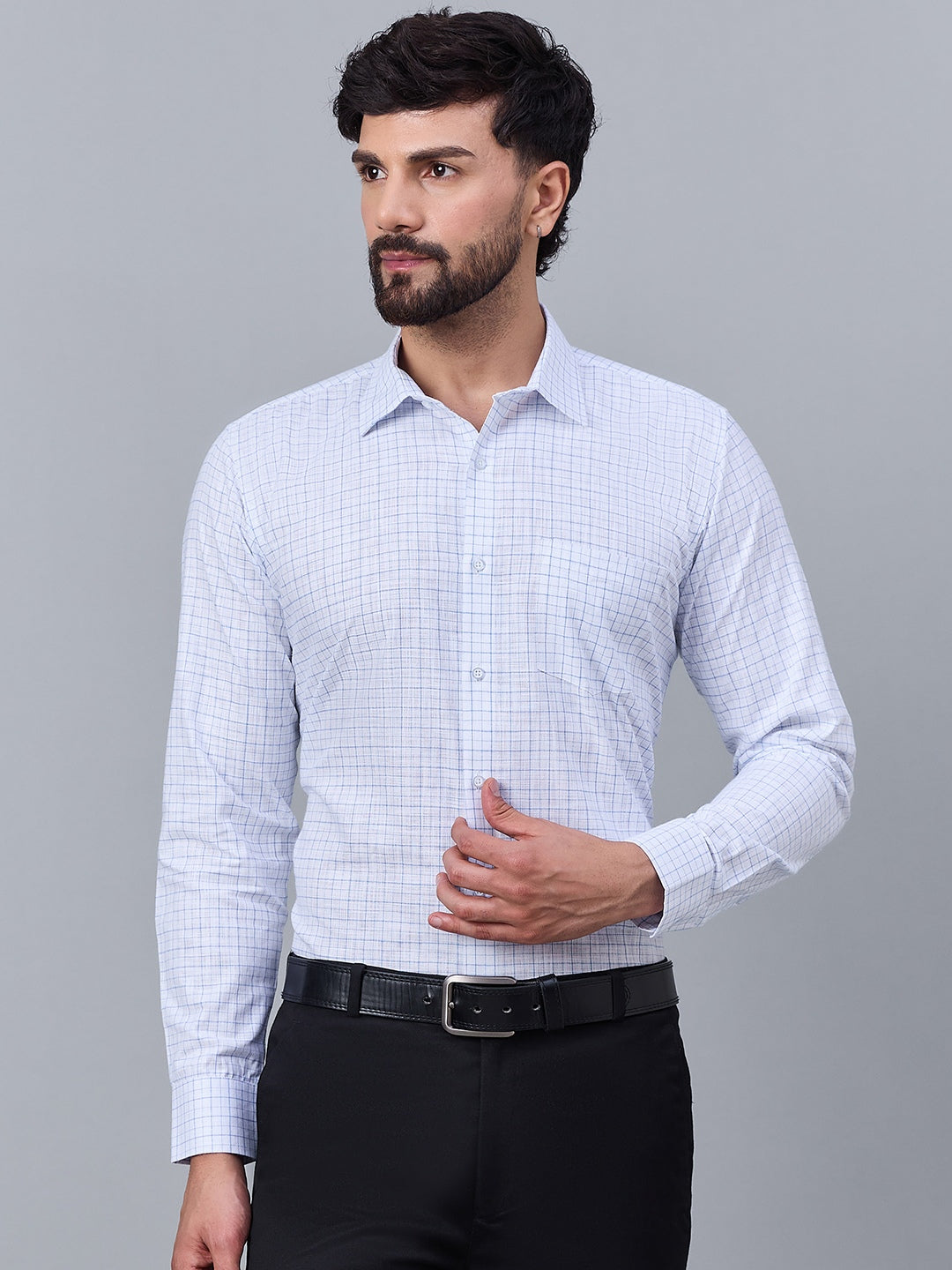 Classic White Slub Cotton Shirt with Blue Checks