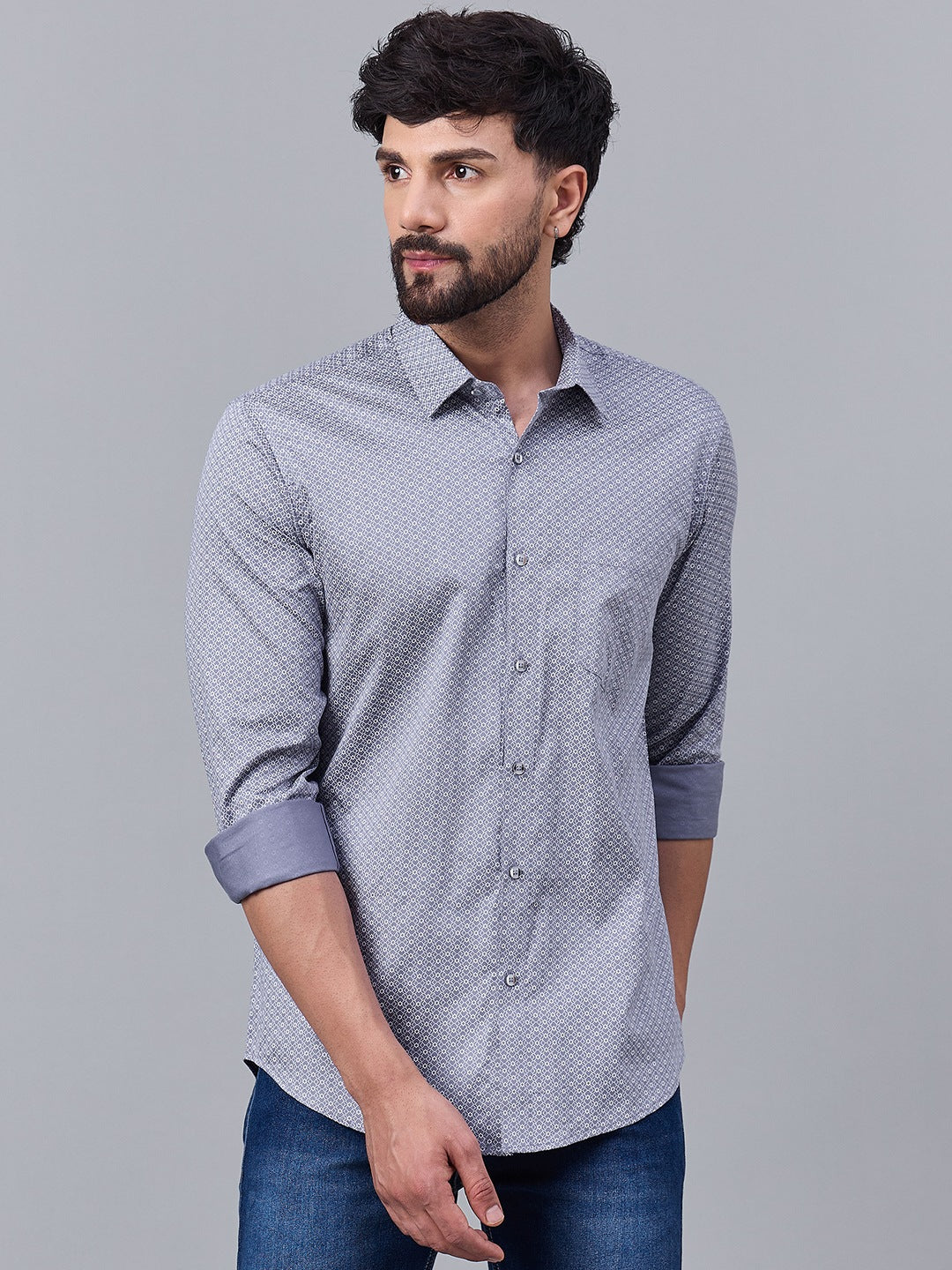 Men Classic Grey Satin Micro Diamond Print shirt