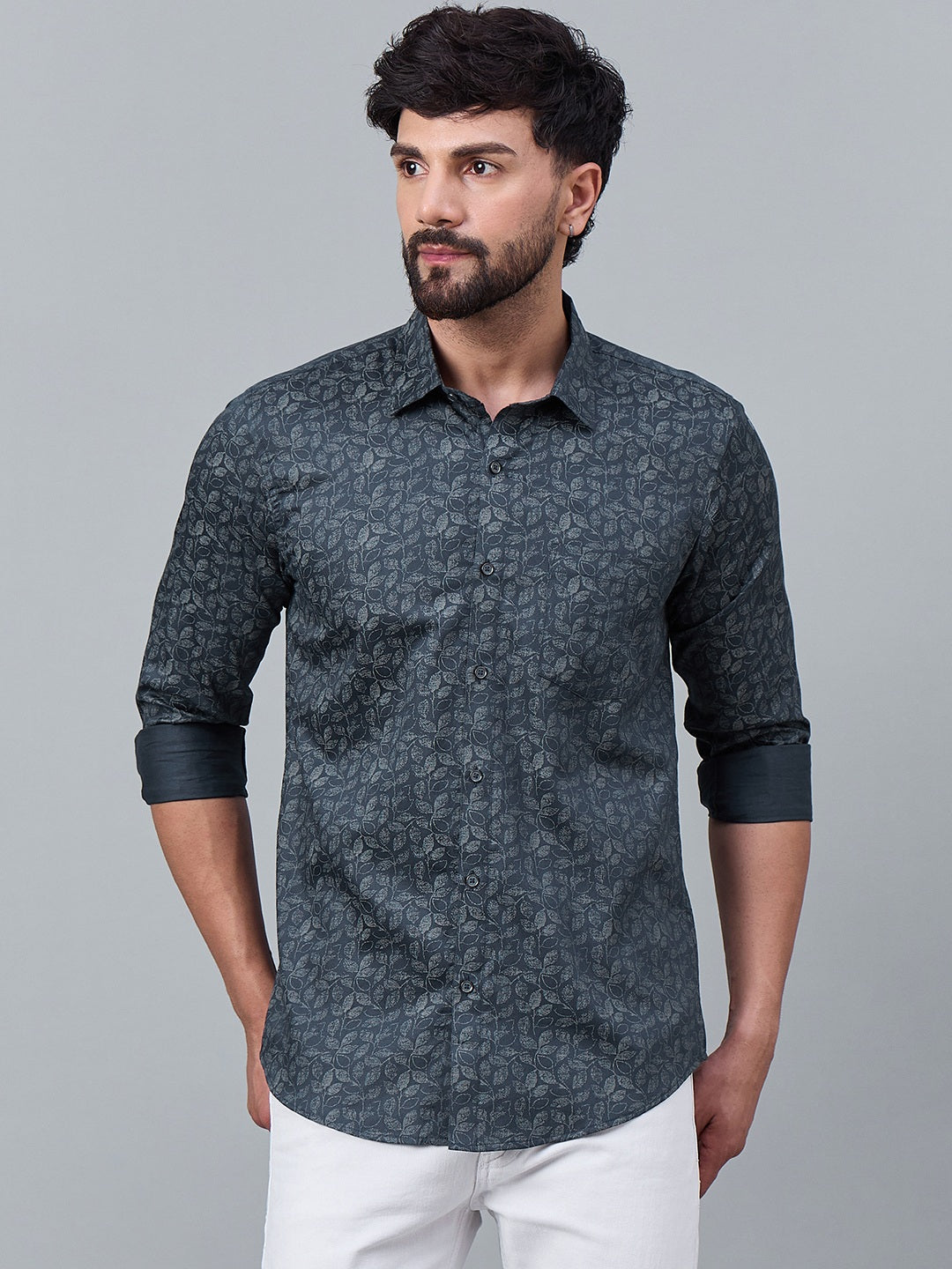 Men Slate Green Satin Shirt with Subtle Leaf Print