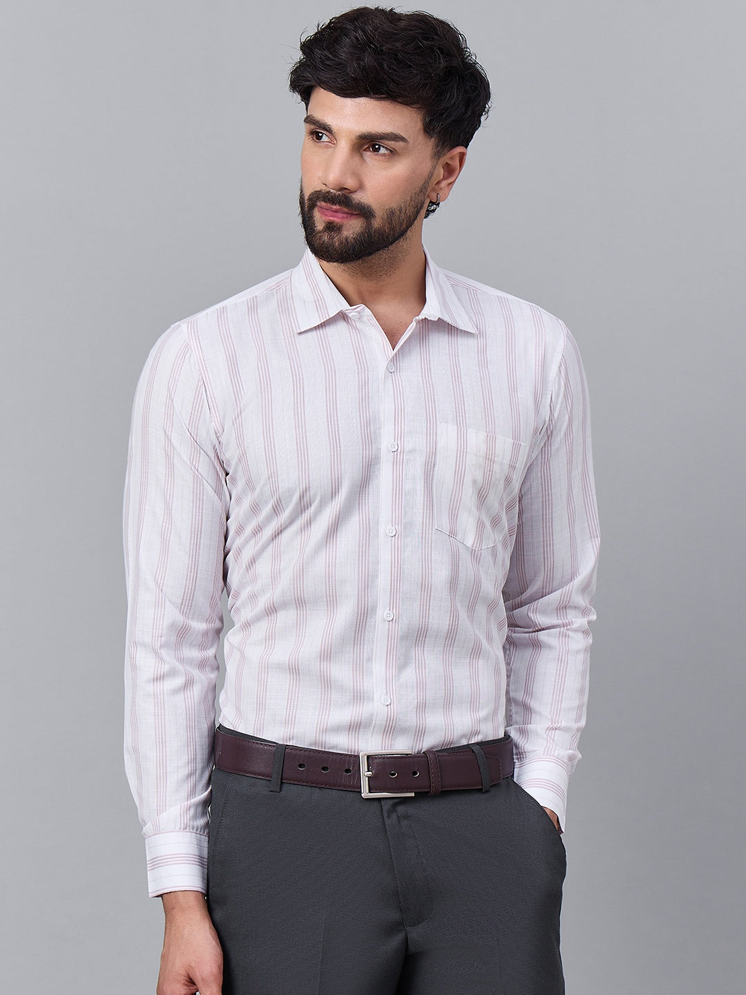 Men Elegant White &amp; Pink Vertical Striped Slub Cotton Shirt