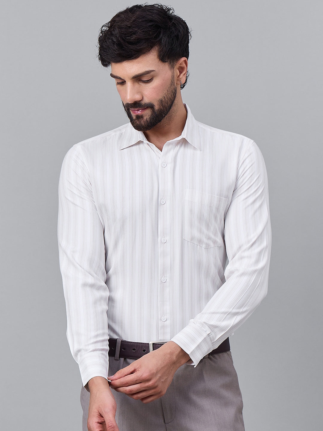 Elegant Cream And White Striped Satin Shirt for Men