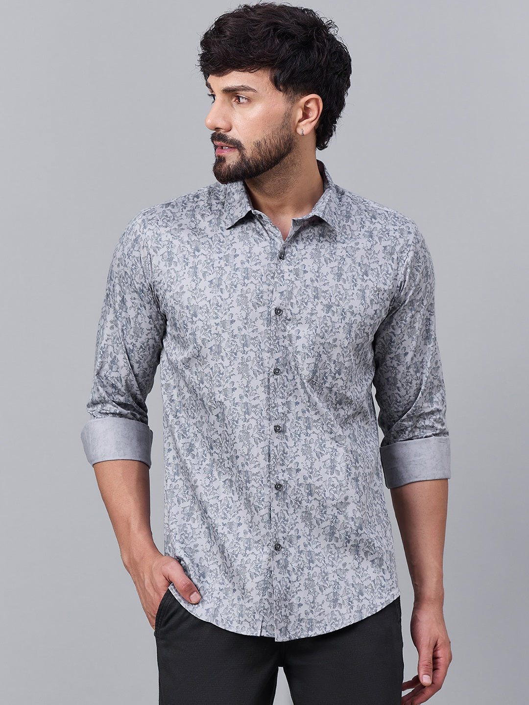 Men Grey Cotton Subtle Leafy Print Shirt