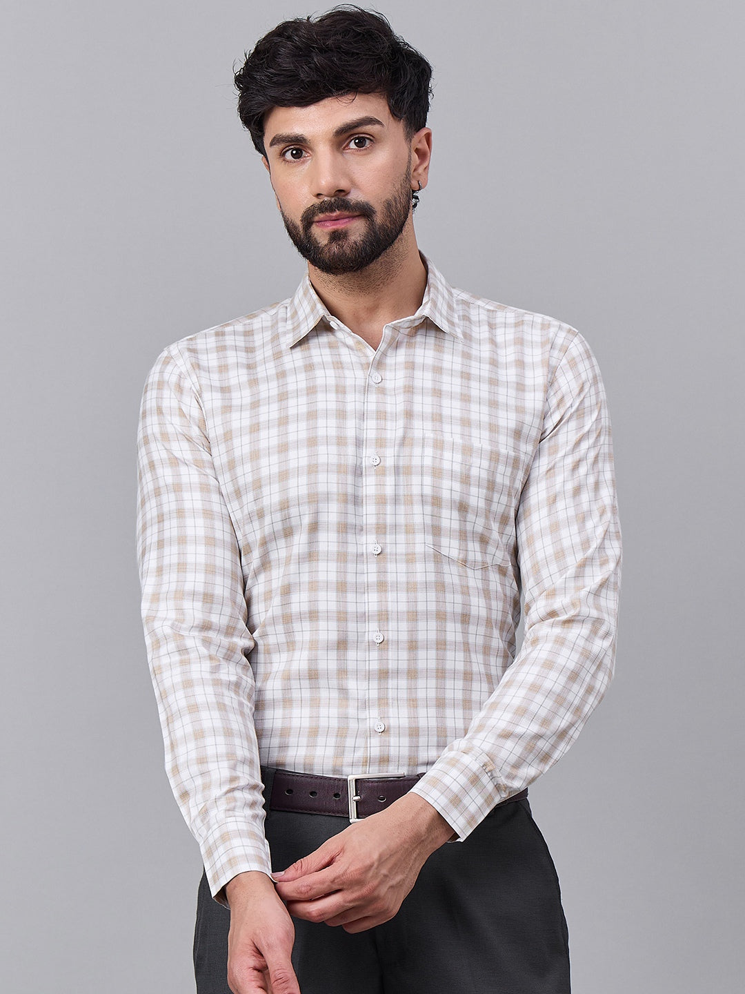 Men Beige &amp; White Soft Checkered Cotton Shirt