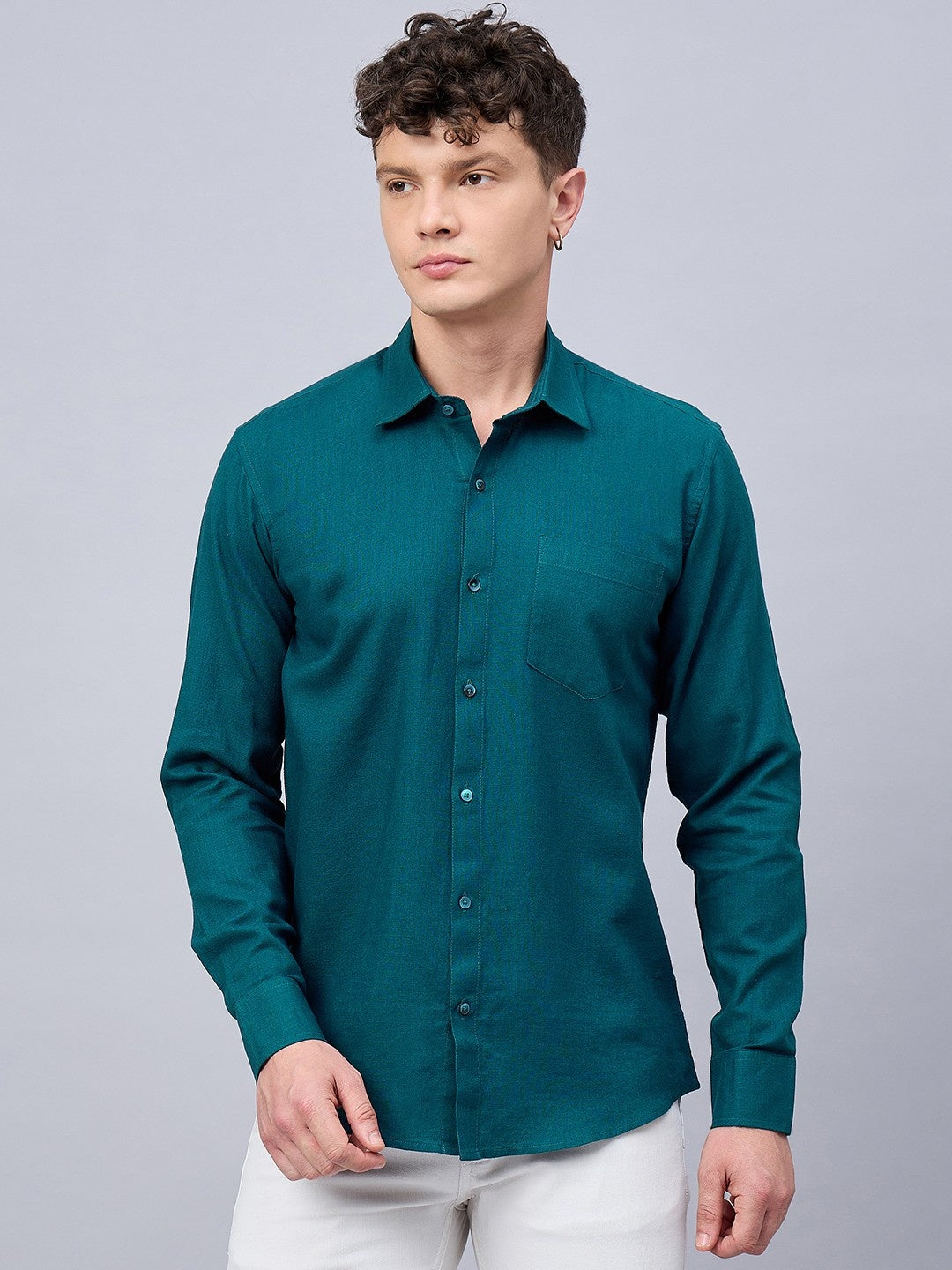 Men Deep Teal Slub Cotton Shirt