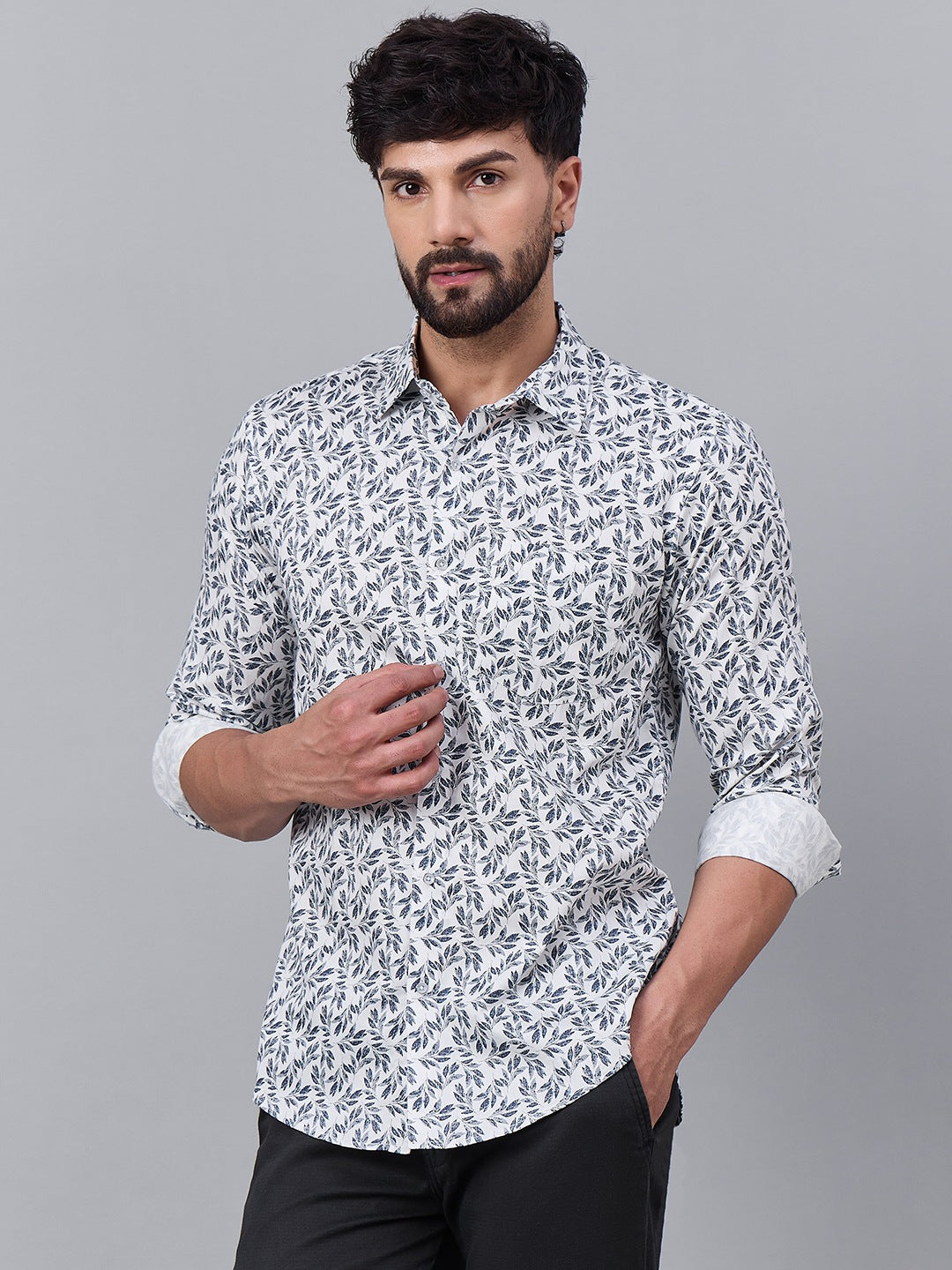 Men White Cotton Navy Leaf Printed shirt