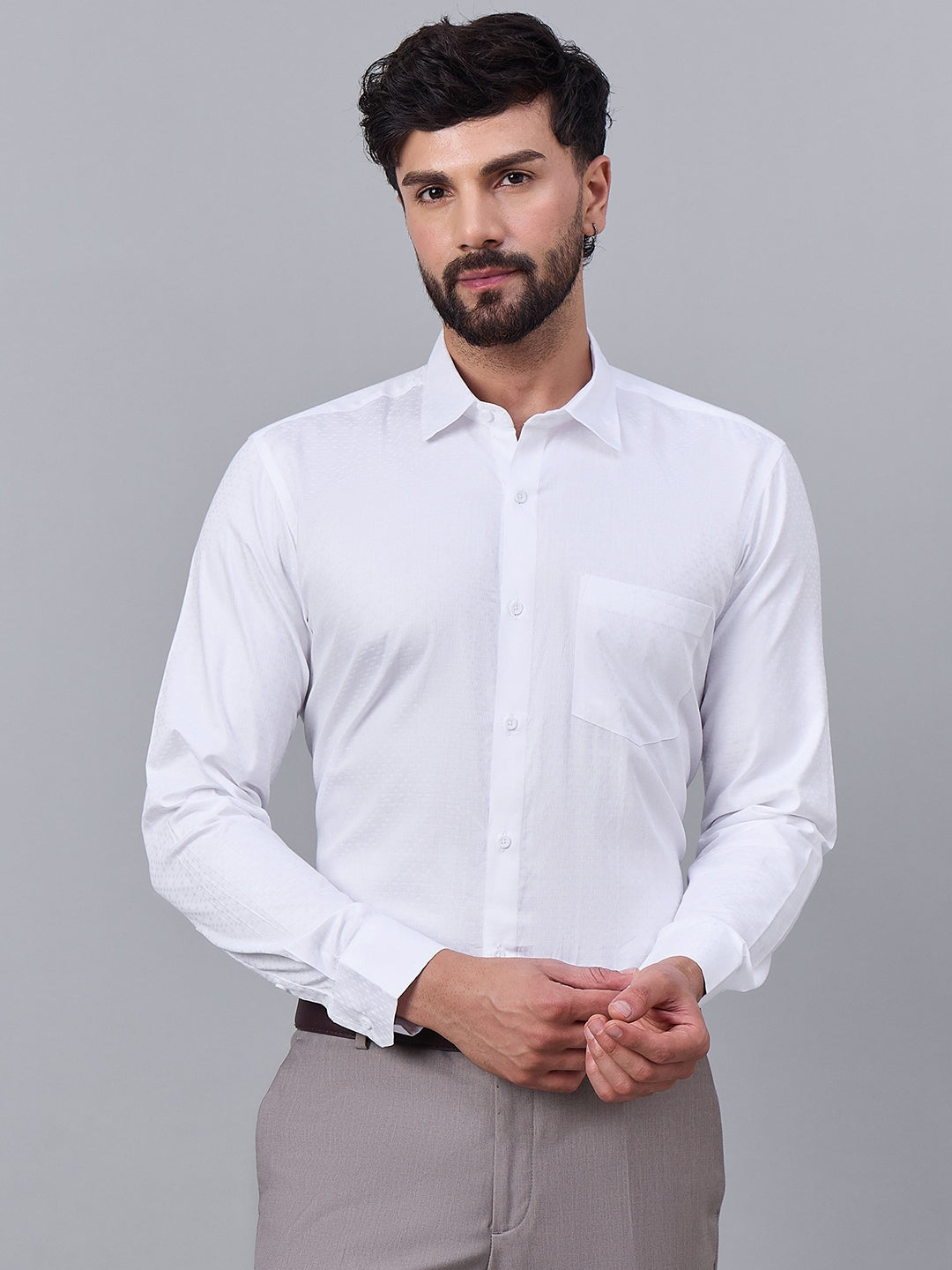 Men Elegant White Satin Self-Texture Formal Shirt