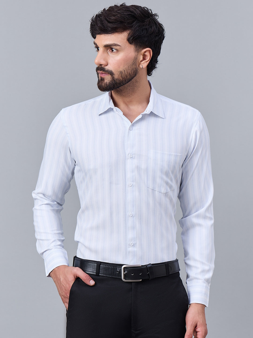 Men Classic Sky Blue Striped Satin Shirt