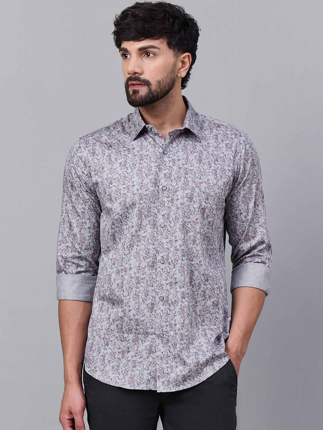 Men Subtle Pink and Grey Floral Cotton Shirt