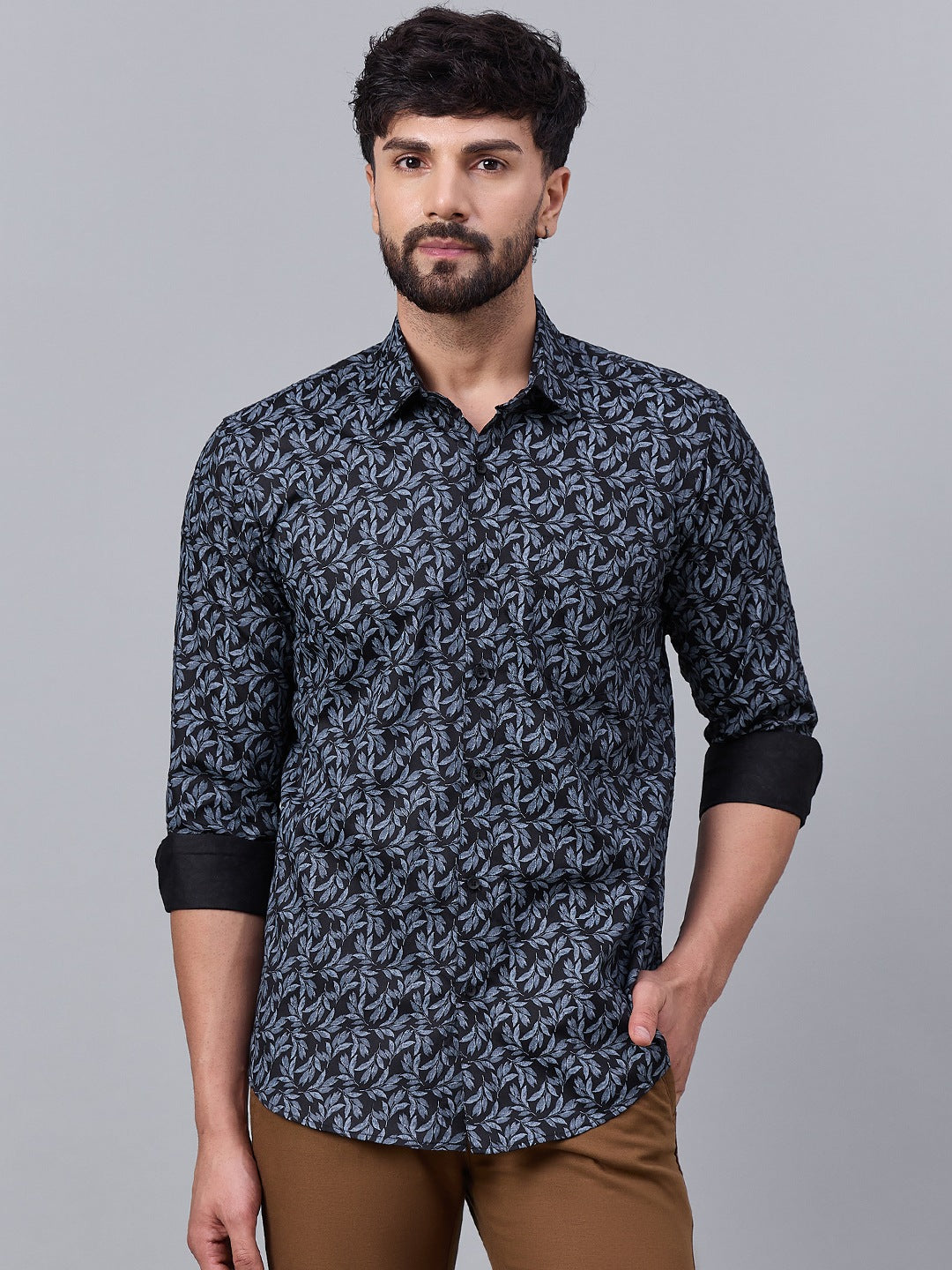 Black and Blue Cotton Leaf Print shirt
