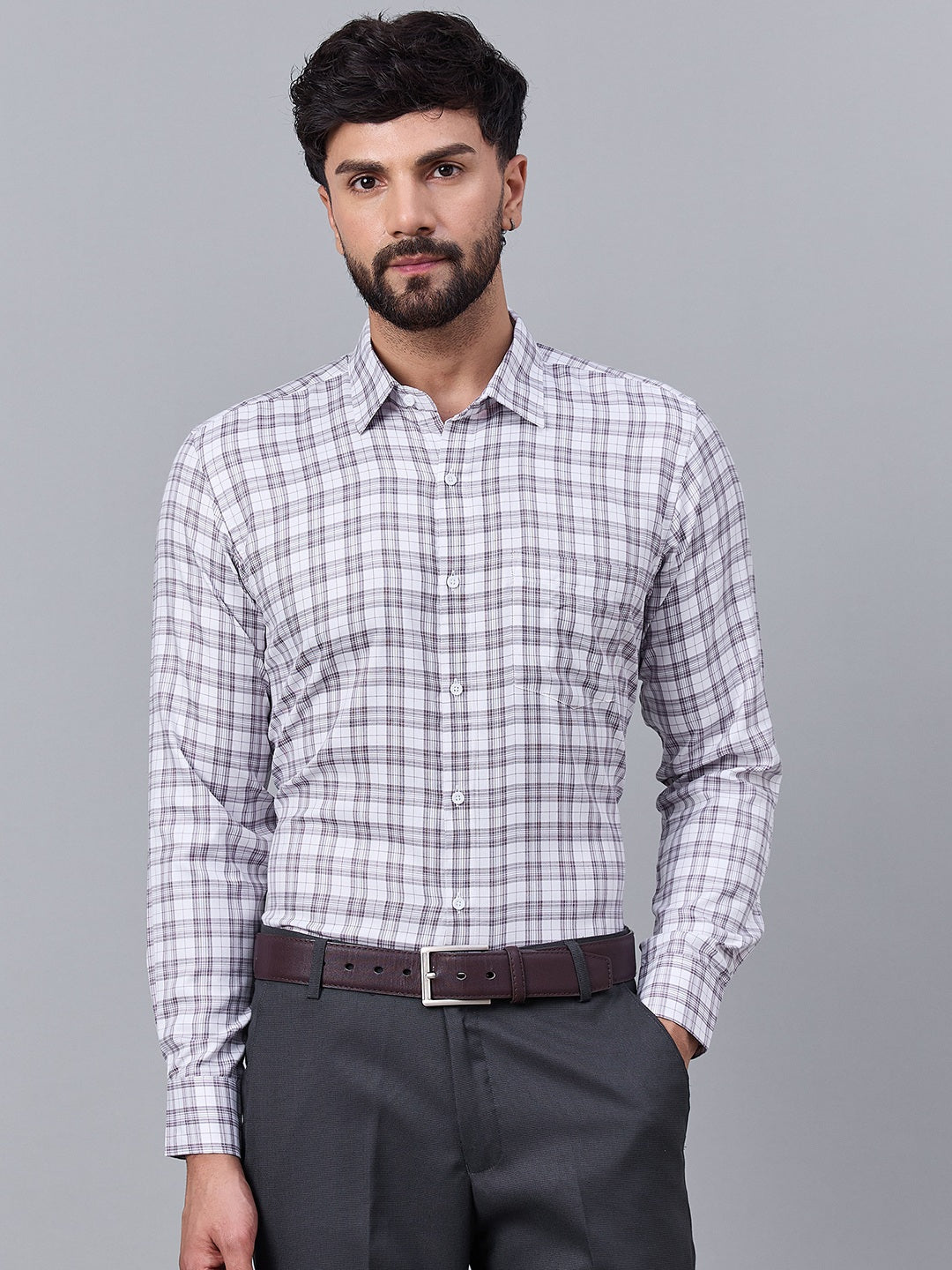 Mens Elegant White and Brown Checkered Shirt