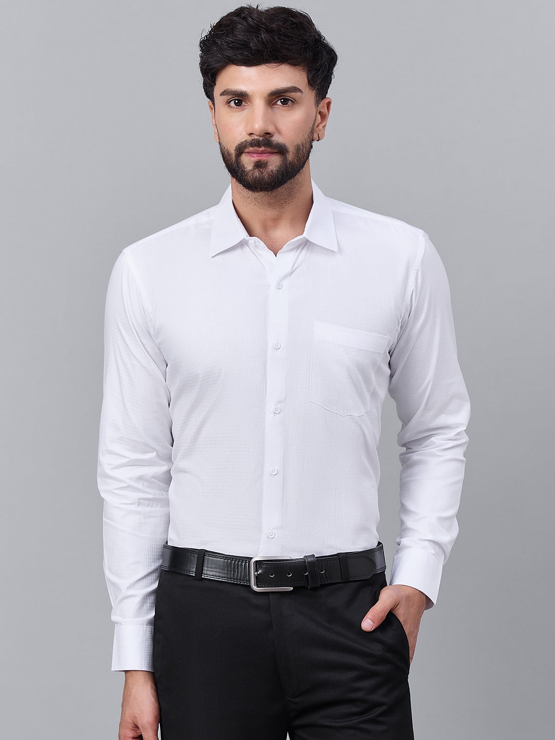 Men White Self-Textured Satin Formal Shirt