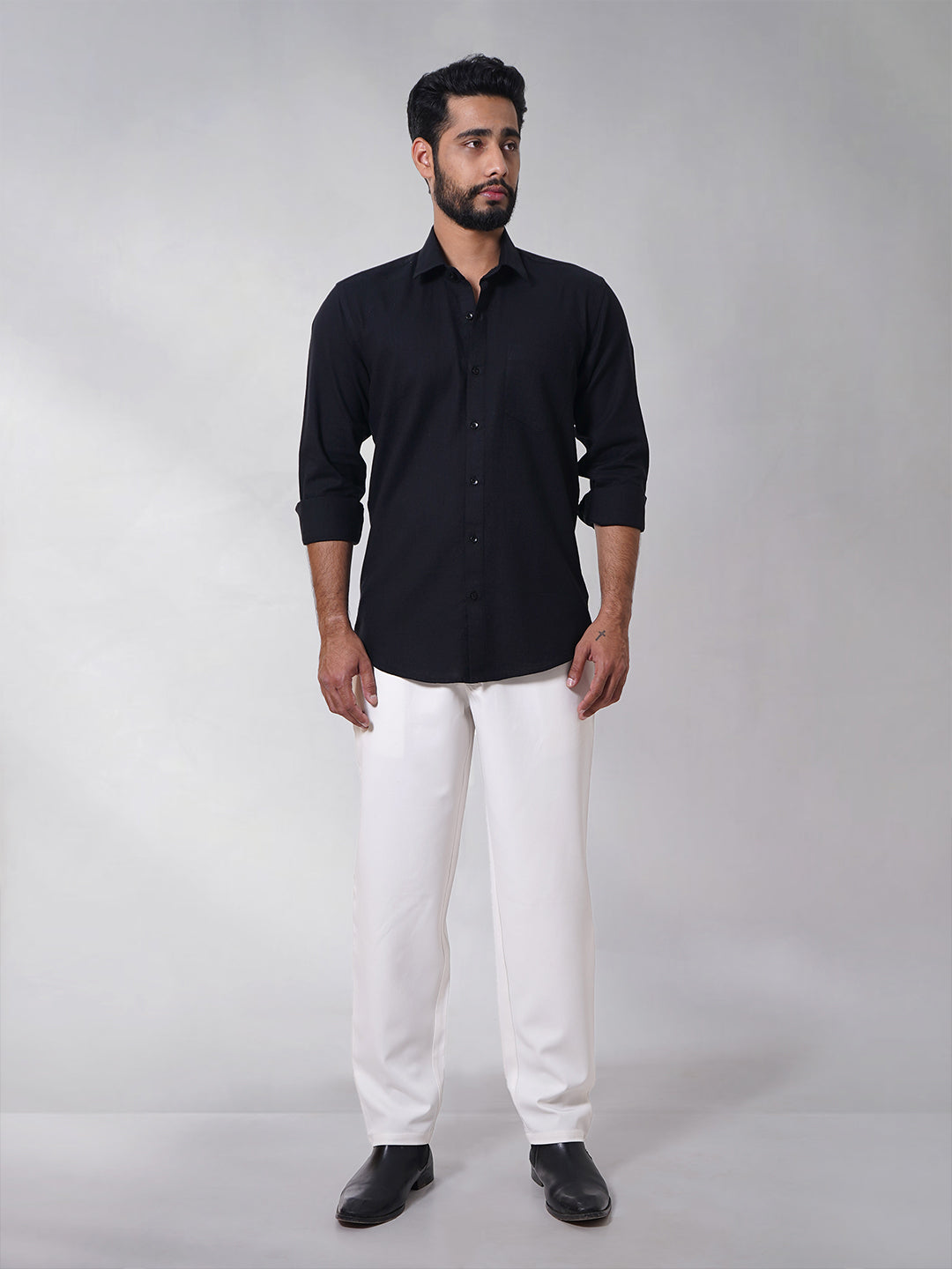 Men Classic Black Slub Cotton Shirt
