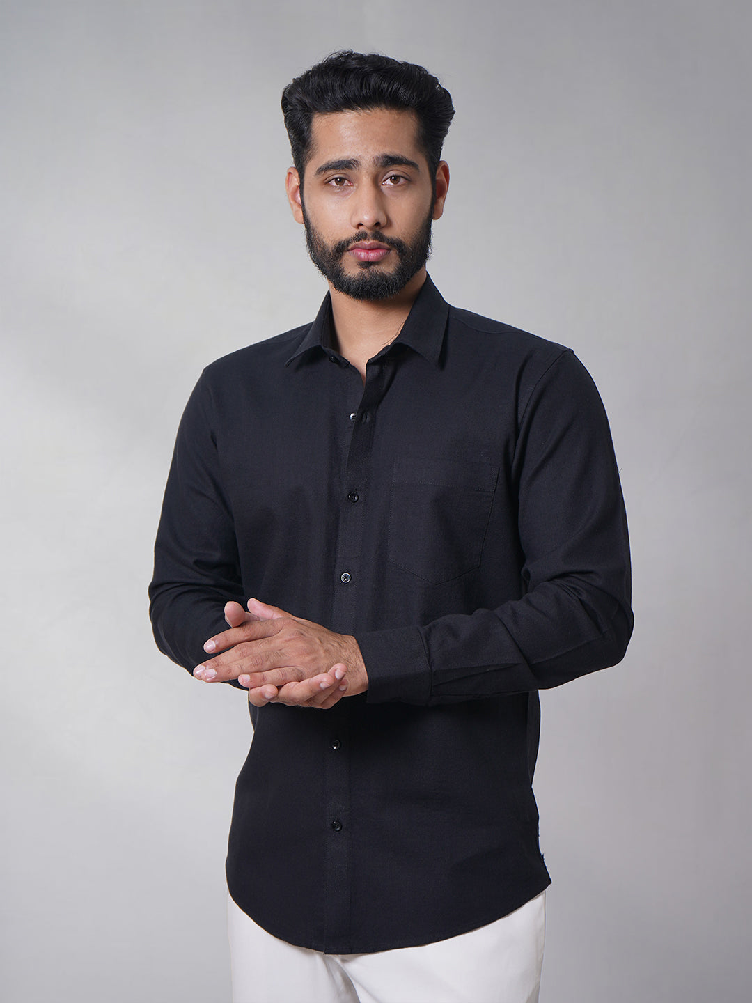 Men Classic Black Slub Cotton Shirt