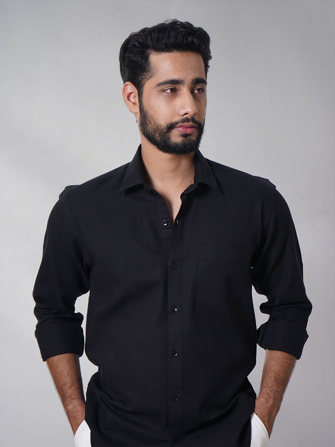 Men Classic Black Slub Cotton Shirt