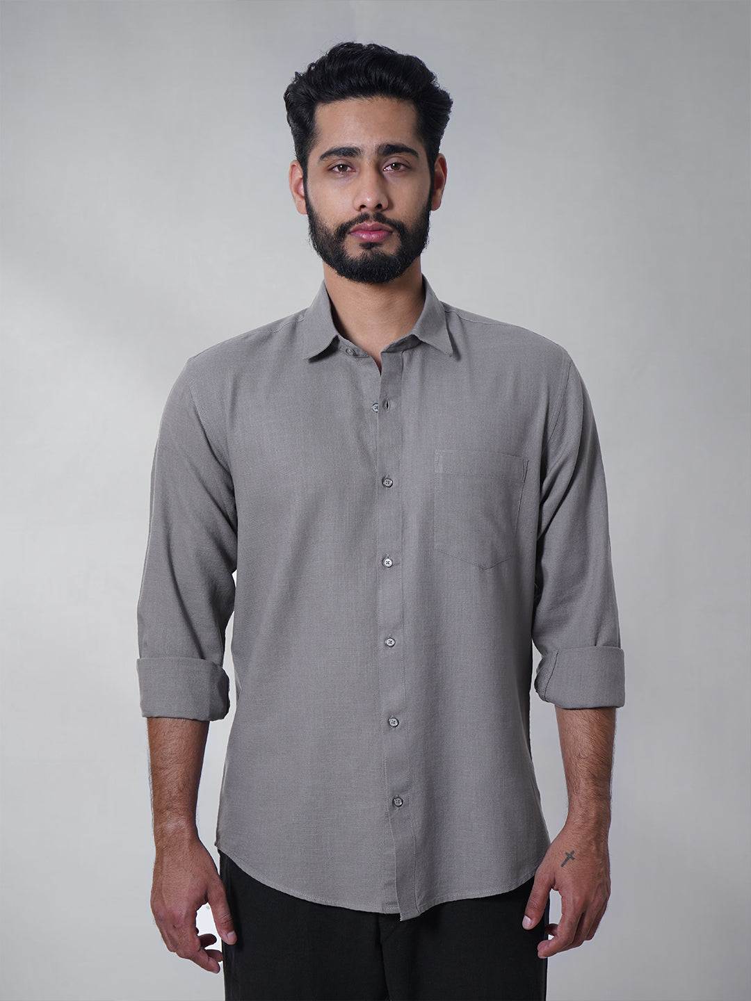 Men Classic Grey Slub Cotton Shirt