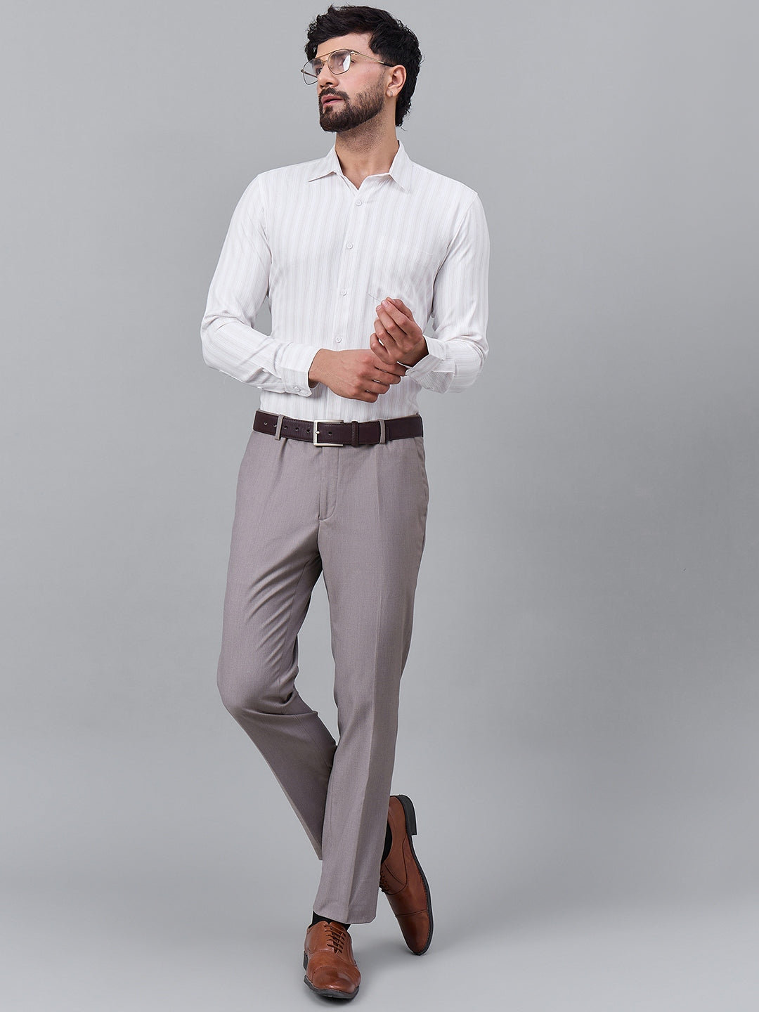 Elegant Cream And White Striped Satin Shirt for Men