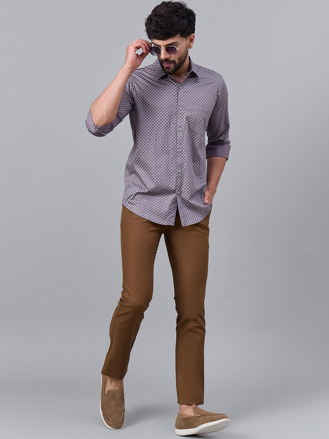 Men Elegant Mauve Geometric Satin Shirt