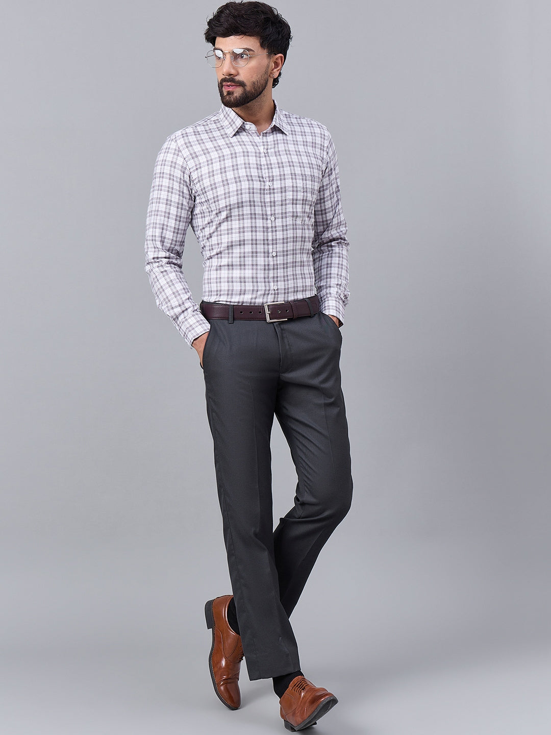 Mens Elegant White and Brown Checkered Shirt
