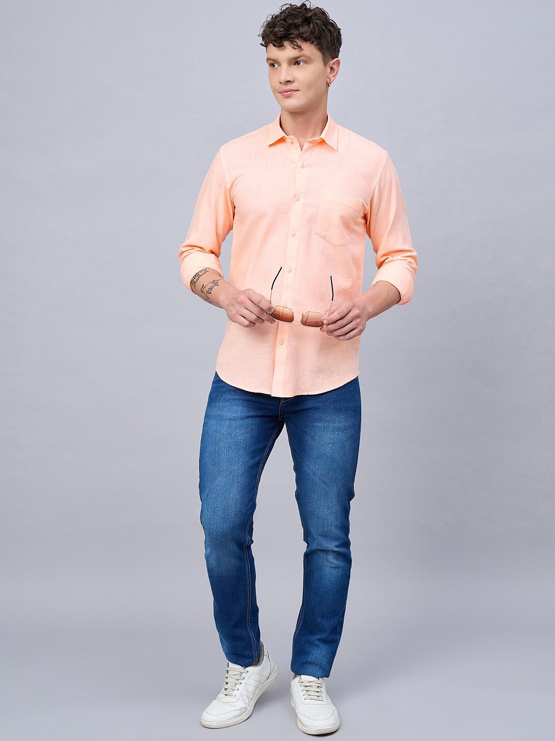 Men Peach Slub Cotton Shirt
