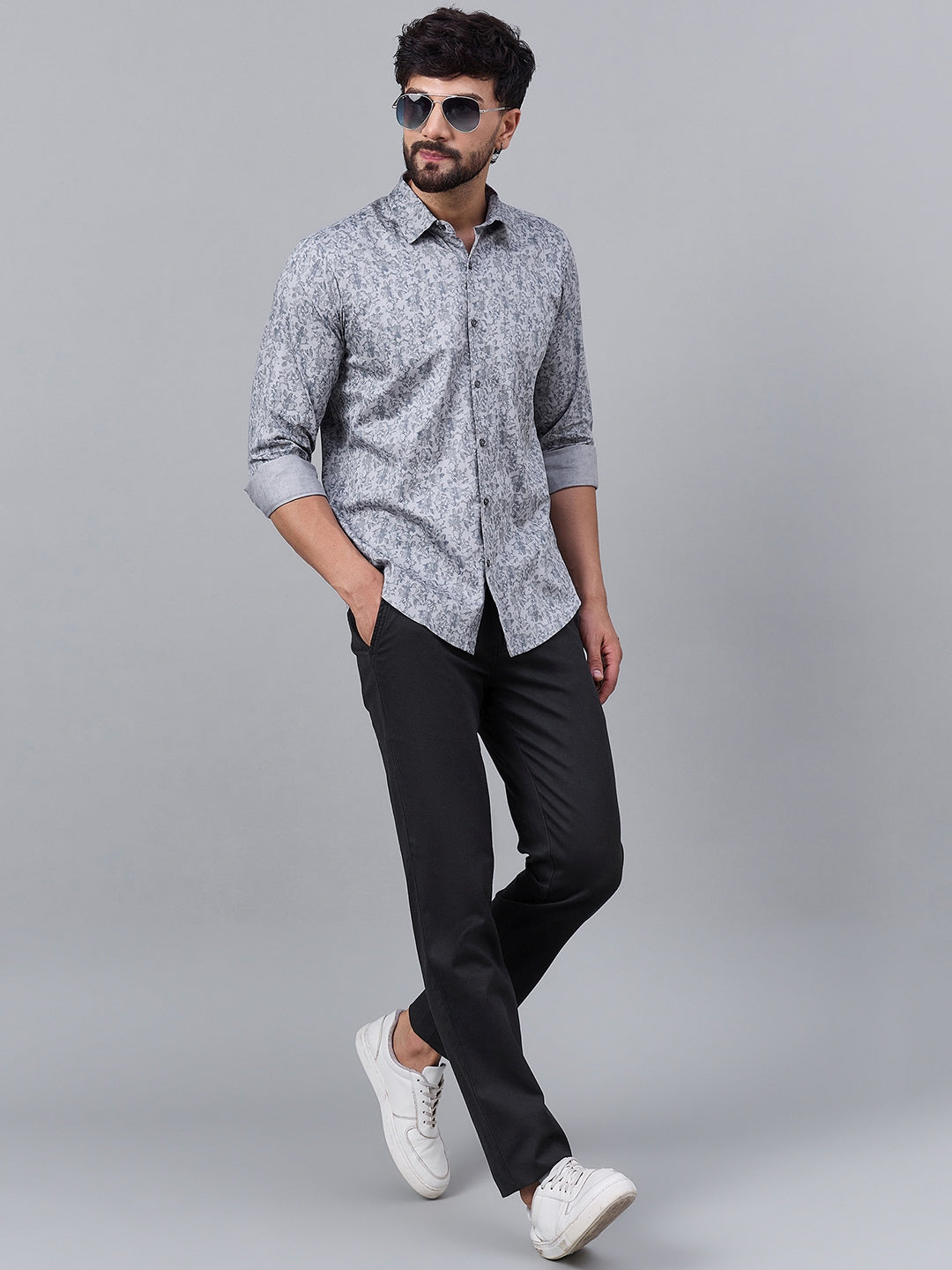 Men Grey Cotton Subtle Leafy Print Shirt