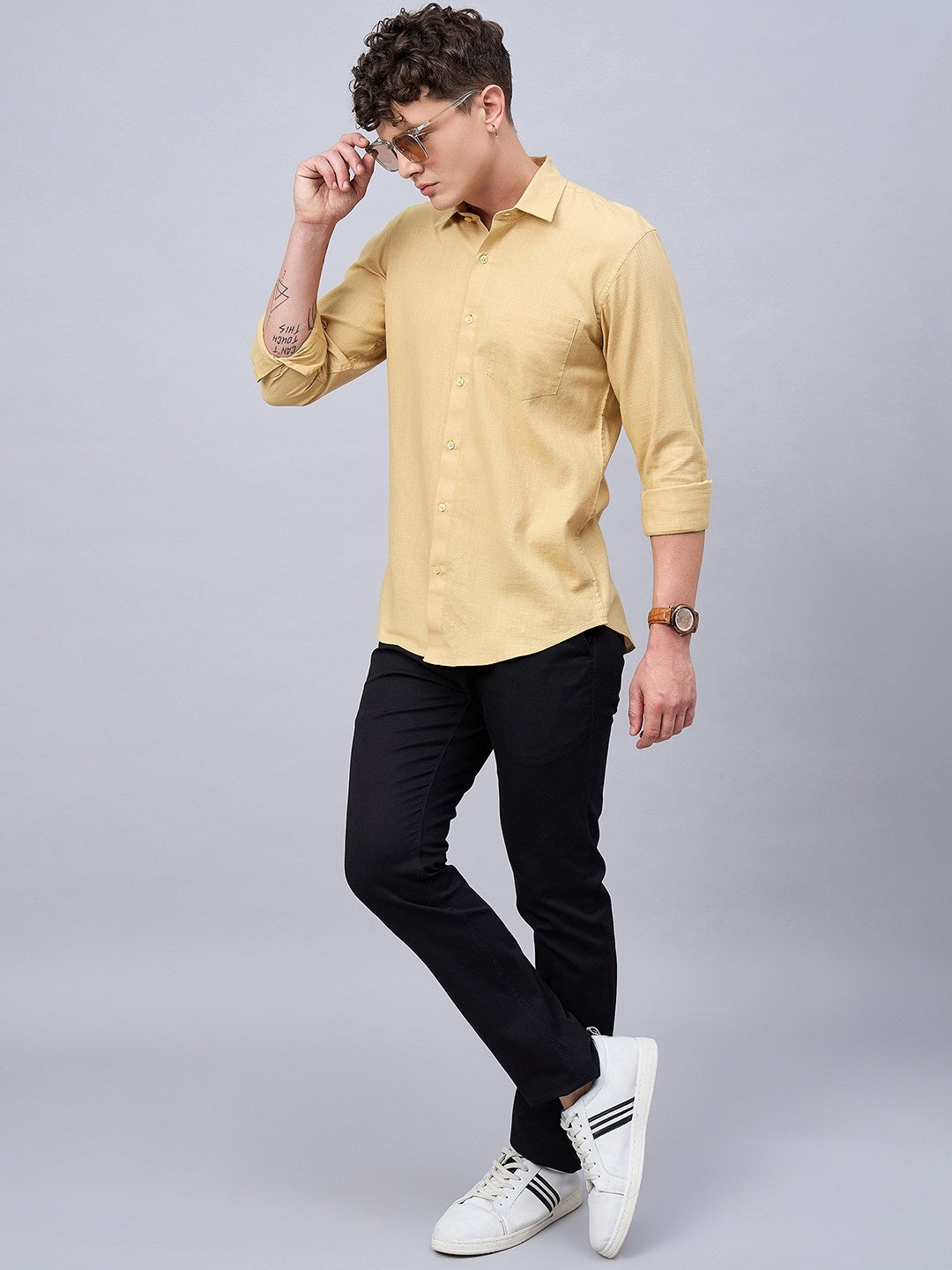 Men Mustard Beige Slub Cotton Shirt