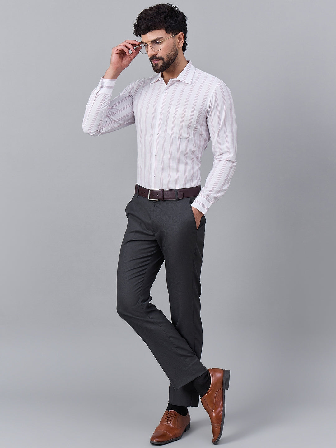 Men Elegant White &amp; Pink Vertical Striped Slub Cotton Shirt