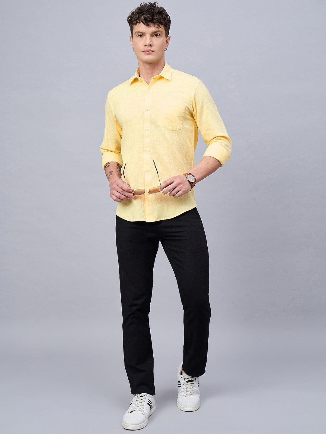 Men Yellow Slub Cotton Shirt
