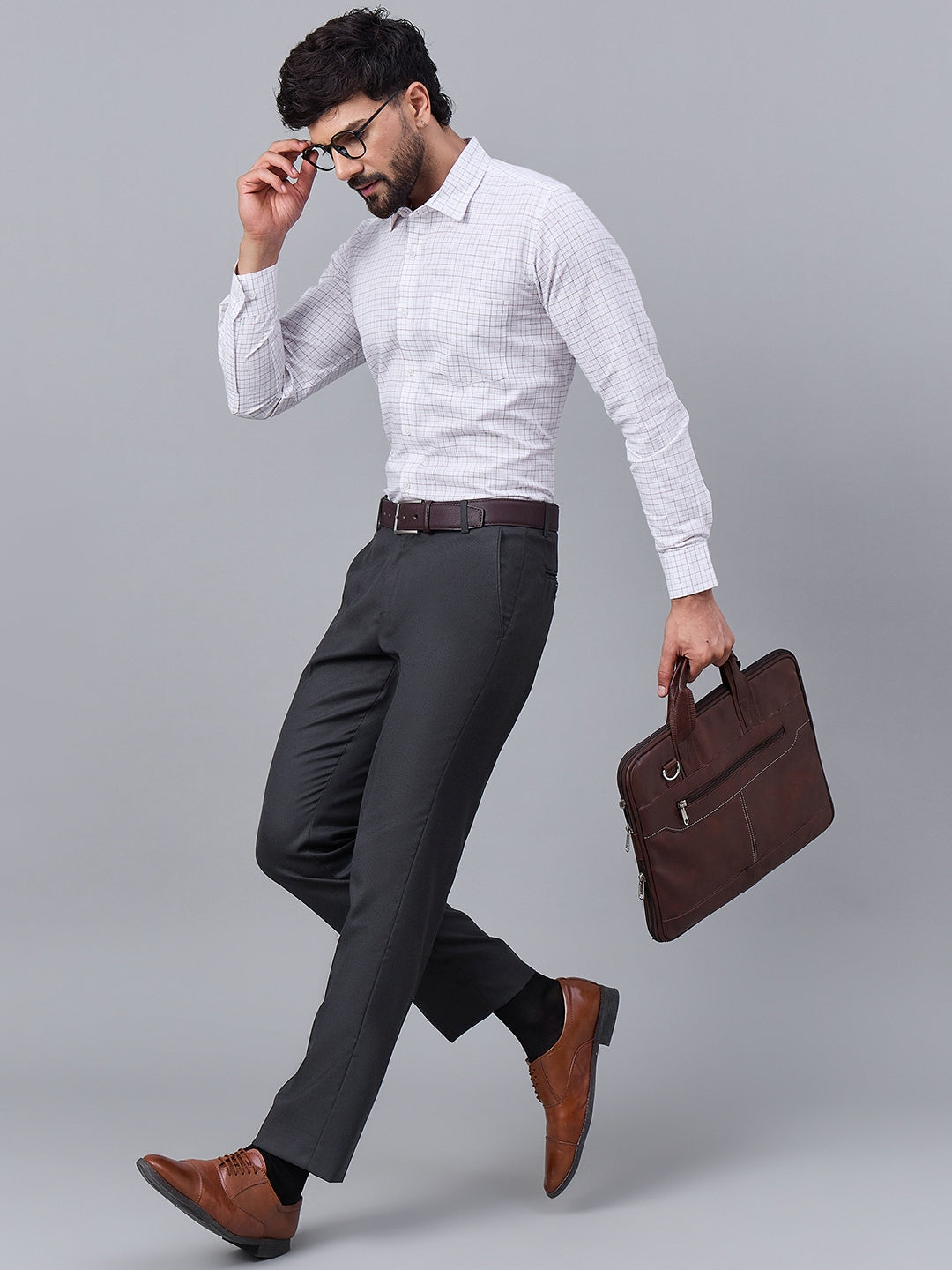 Men Elegant White Slub Cotton Shirt with Subtle Rust Checks
