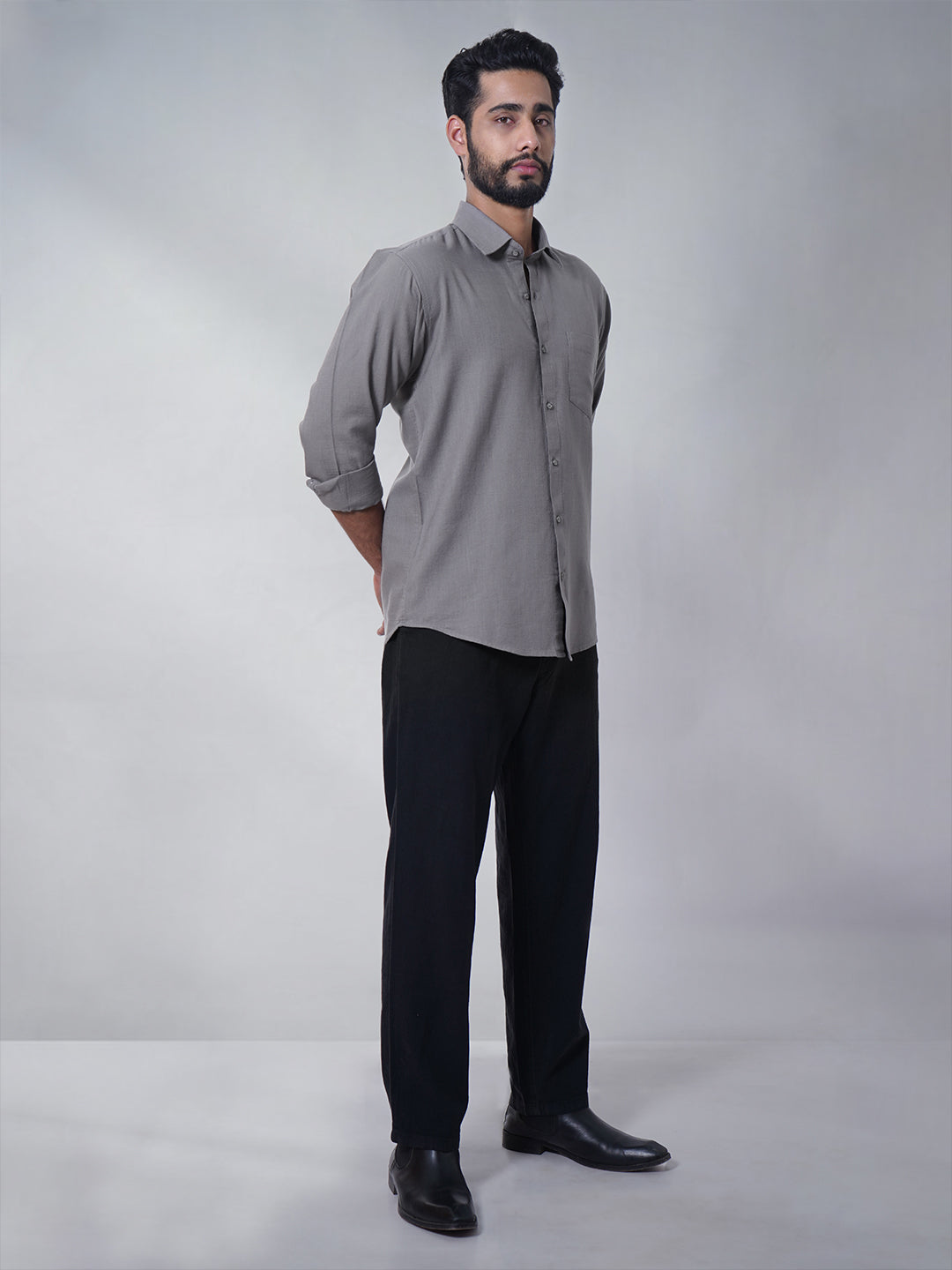 Men Classic Grey Slub Cotton Shirt