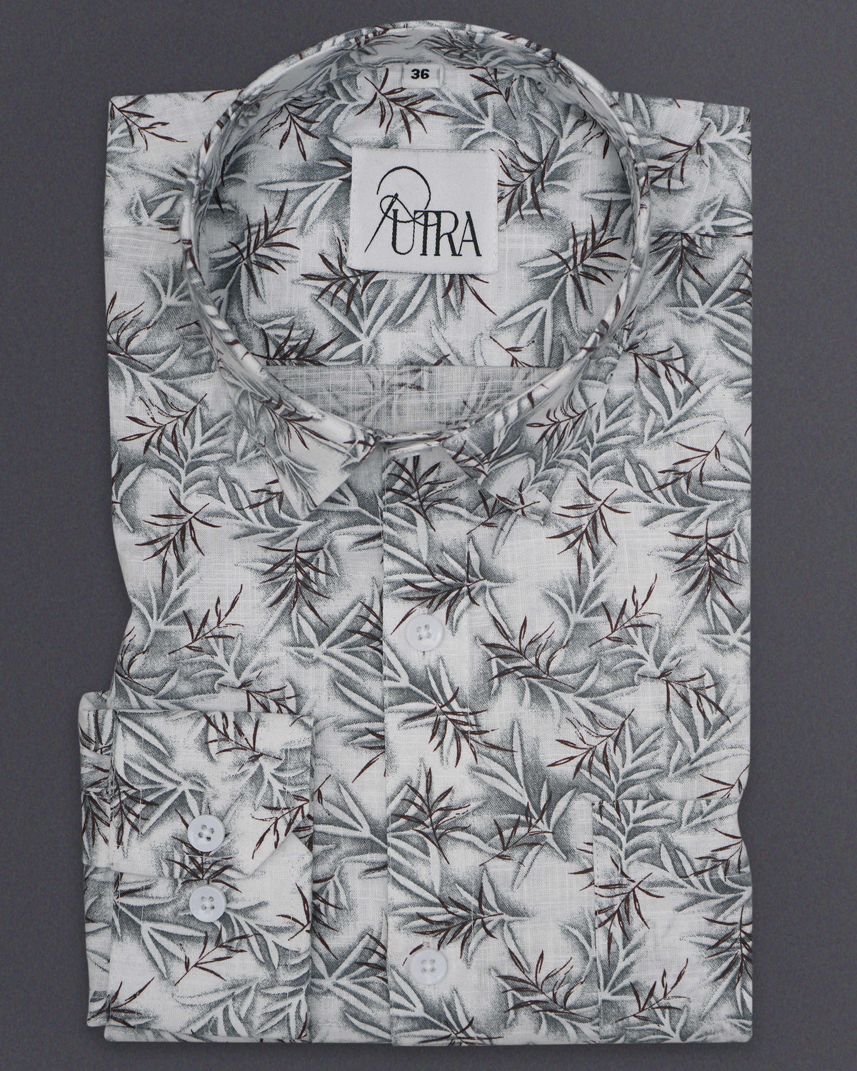 Men&#39;s White and Grey Tropical Leaf Print Slub Shirt