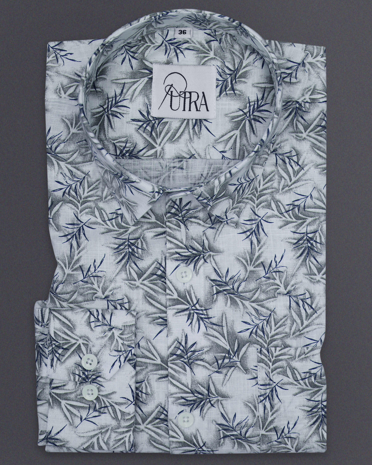 Men&#39;s Blue and Grey Tropical Leaf Print Slub Shirt