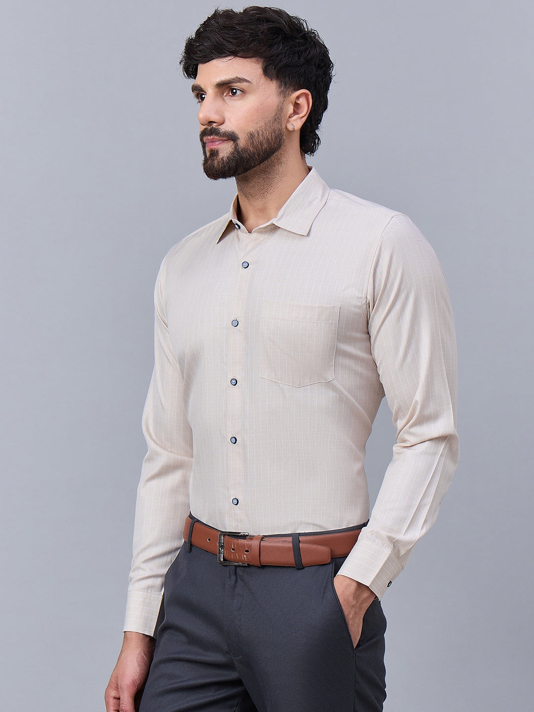 Men Beige Fine Checkered Cotton Shirt
