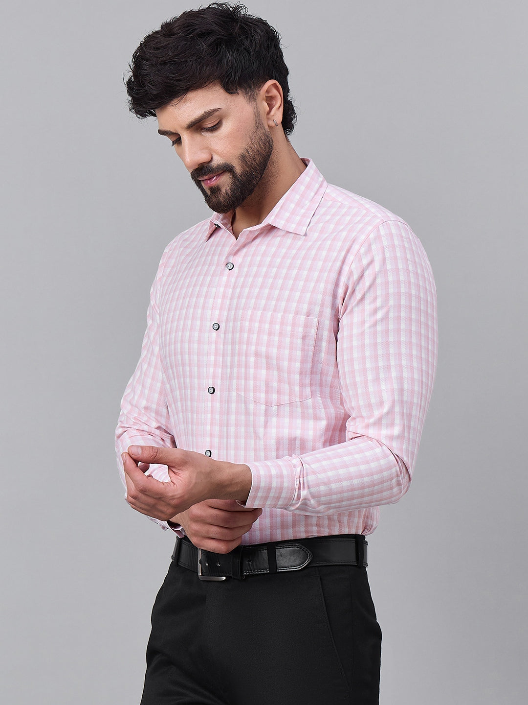 Men Light Pink Micro-Checkered Cotton Shirt