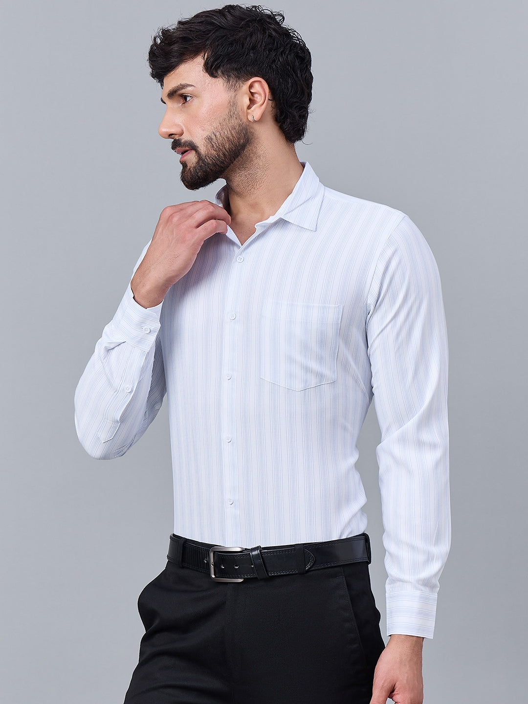 Men Classic Sky Blue Striped Satin Shirt