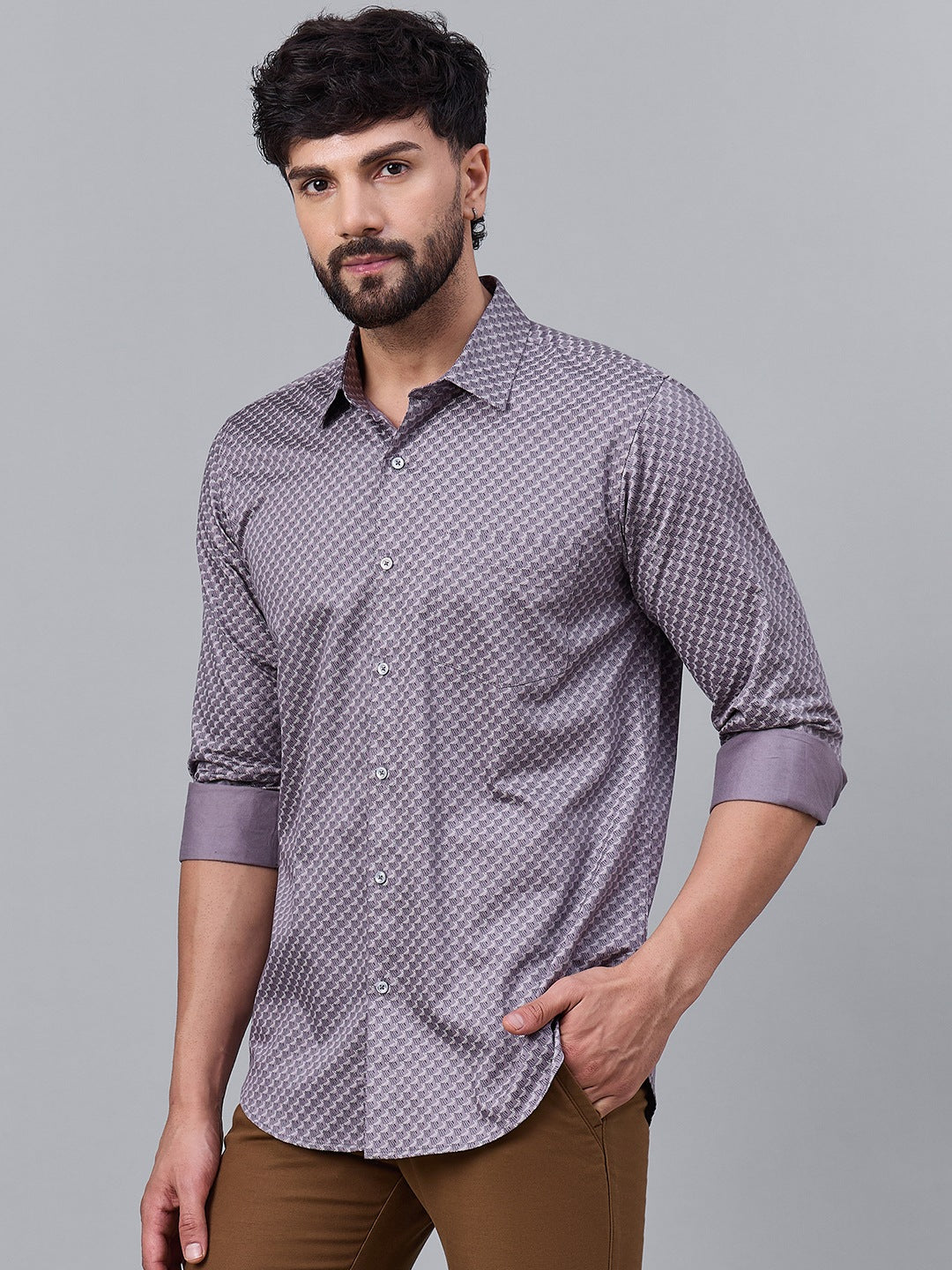 Men Elegant Mauve Geometric Satin Shirt