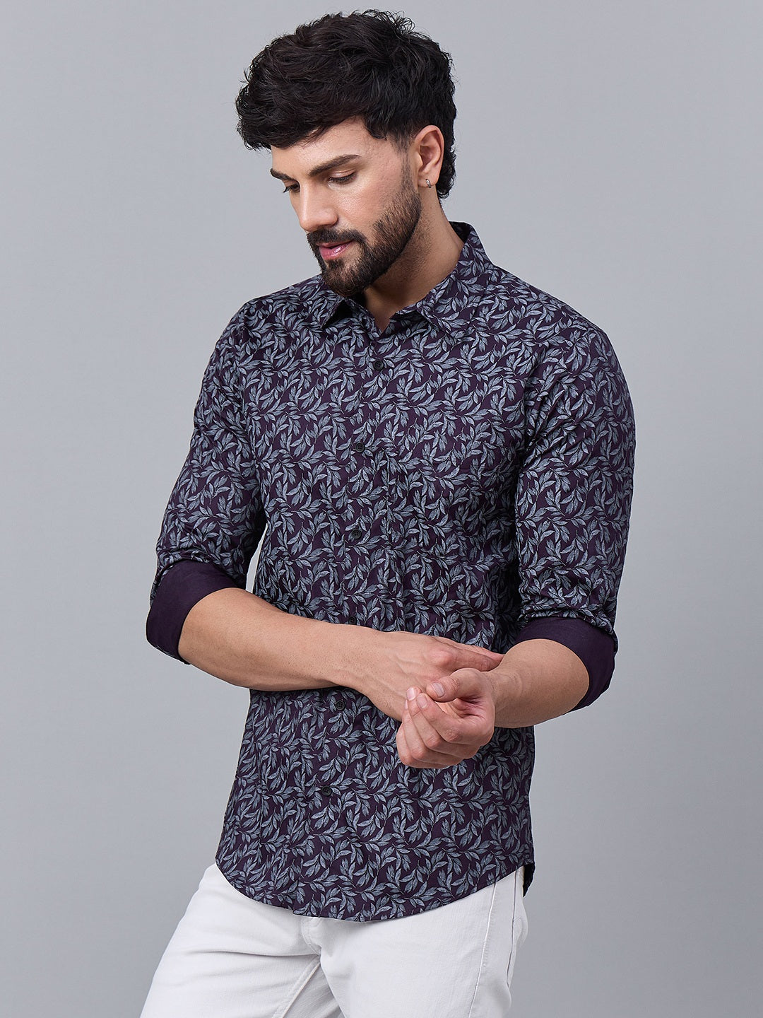 Men Deep Plum Cotton Leafy Print shirt