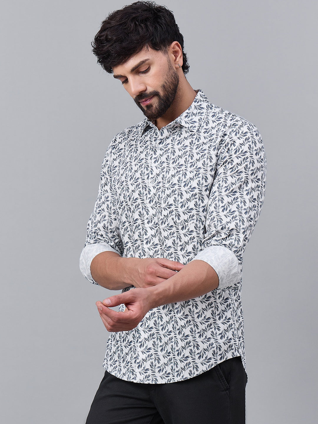 Men White Cotton Navy Leaf Printed shirt