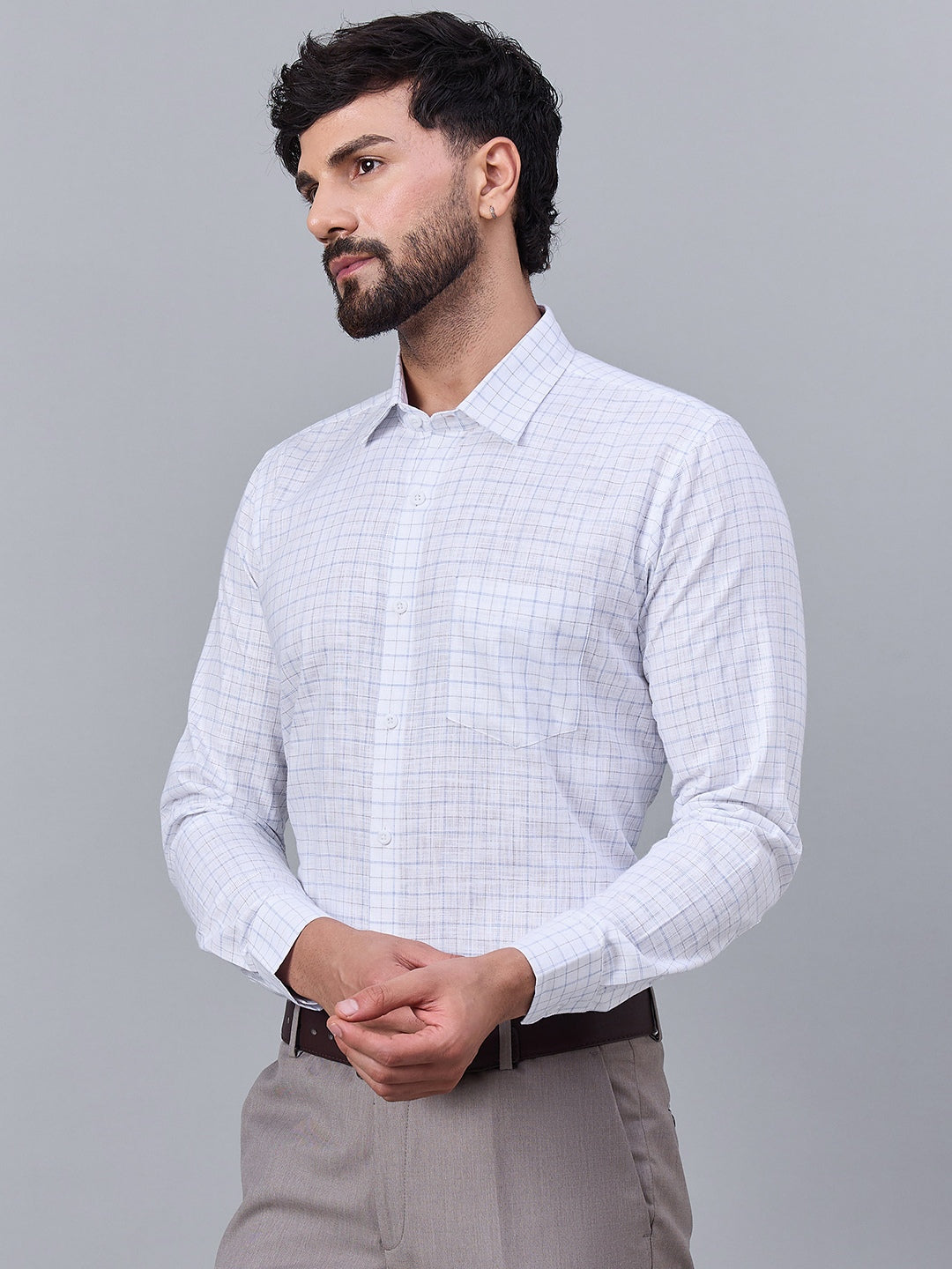 Men White and Blue Slub Checked Shirt