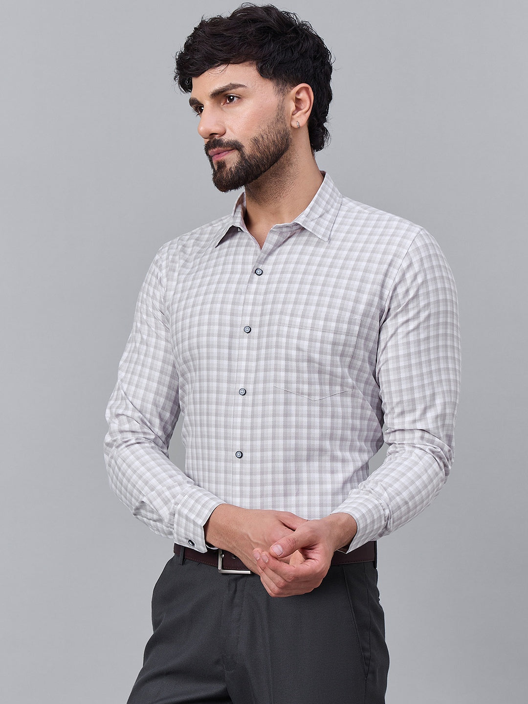 Men Light Grey and White Gingham Checked Cotton Shirt