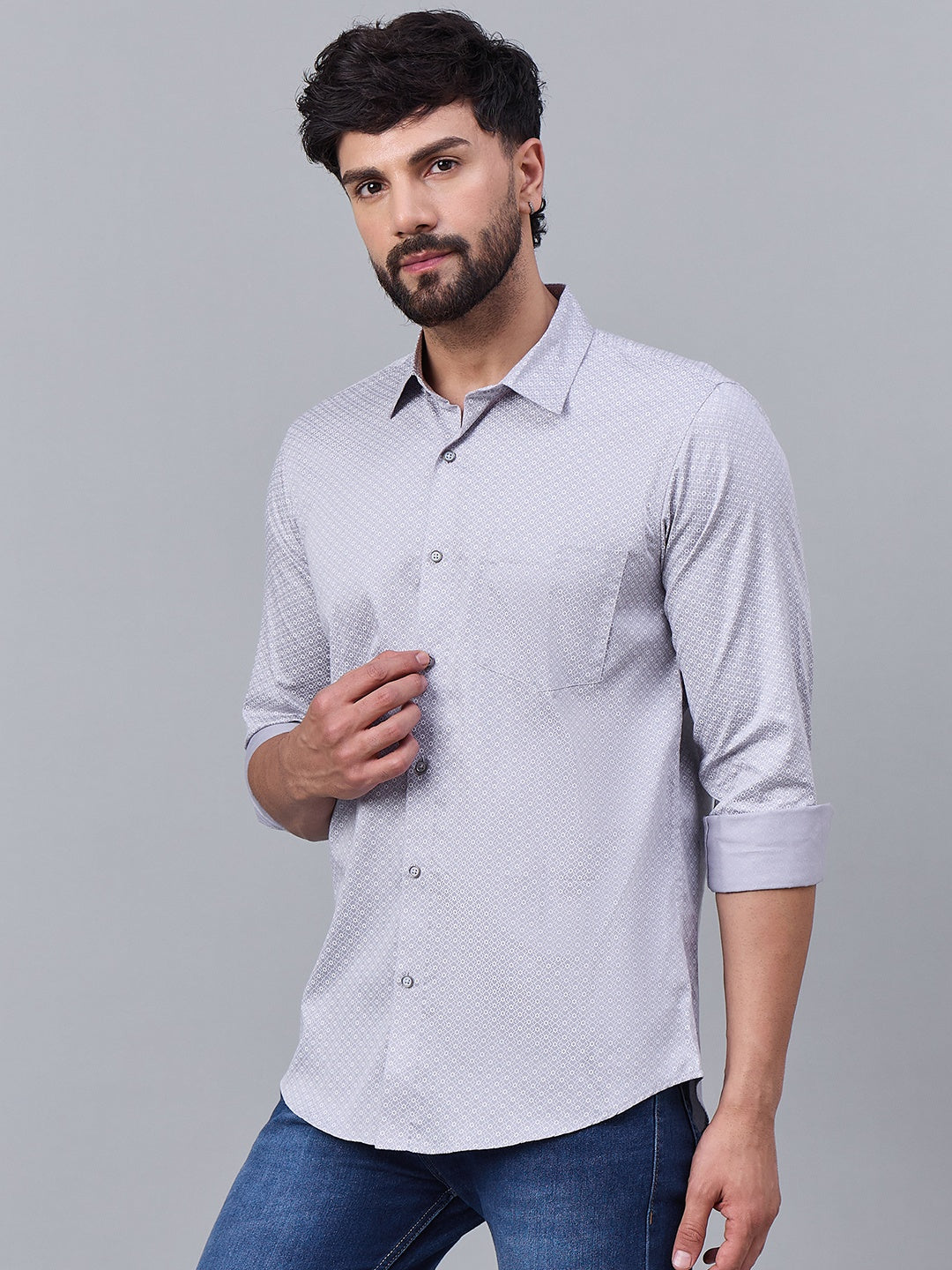Elegant Grey Satin Printed Shirt with Geometric Pattern