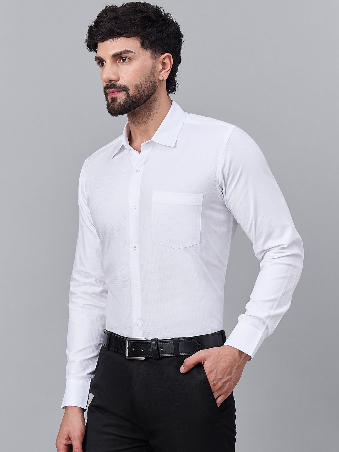 Men White Self-Textured Satin Formal Shirt
